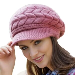 Elegant Women's  Pink Cable Knit Winter Women's Hat Pink One Size
